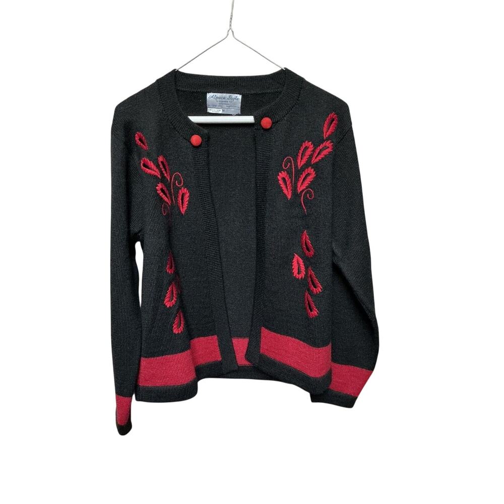 Alpaca Style Medium Black 100% Alpaca Cardigan Embroidered Sweater